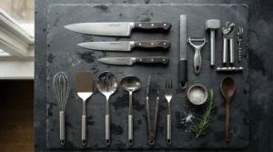 A neatly arranged collection of polished stainless steel knives displayed on a slate surface
