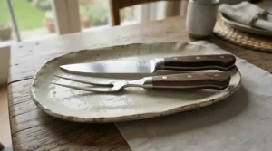 A stainless steel chef's knife paired with a carving fork on a ceramic platter