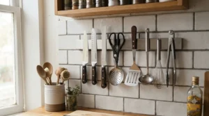 A stainless steel chef's knife mounted securely on a magnetic wall strip