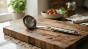 A gleaming stainless steel chef's knife resting on a rustic wooden chopping board in a modern kitchen