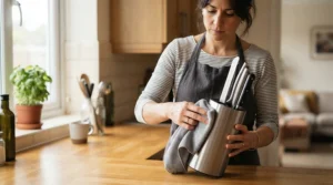 Careful maintenance of a stainless steel knife block set in a traditional British home