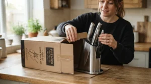 Unboxing a brand new stainless steel knife block set as a housewarming present