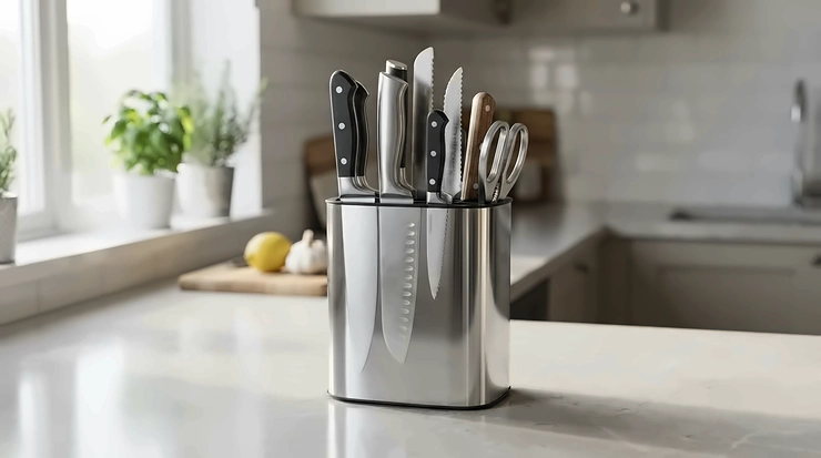 A sleek stainless steel knife block set placed on a modern kitchen counter in a London flat