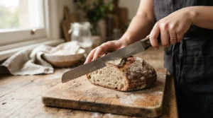 Using a blade from a stainless steel knife block set to slice crusty sourdough bread