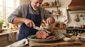 Carving a Sunday roast joint of meat with a long stainless steel carving knife and fork