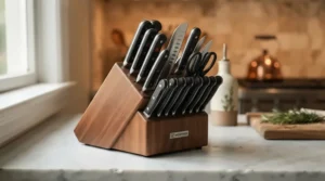 A wooden block filled with a professional set of stainless steel knives on a modern kitchen counter