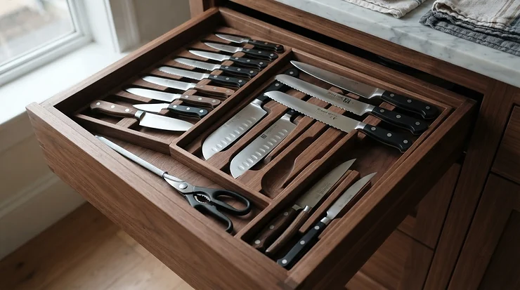 Organised in-drawer storage tray holding a complete set of shiny stainless steel knives safely