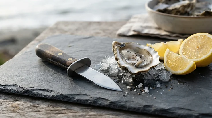 The top rated oyster shucking knife resting beside a lemon wedge and shell
