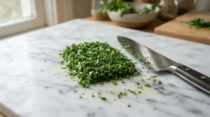 Finely diced fresh herbs next to a professional VG-10 steel chef's knife on a marble counter