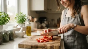 An ergonomic handle grip on a balanced VG-10 steel chef's knife during food preparation