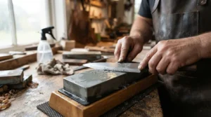 Sharpening the fine cutting edge of a VG-10 steel chef's knife on a traditional whetstone