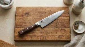 A sharp VG-10 steel chef's knife resting on a rustic wooden chopping board in a modern kitchen