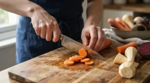 Using a versatile VG-10 steel chef's knife to precision slice fresh carrots on a worktop