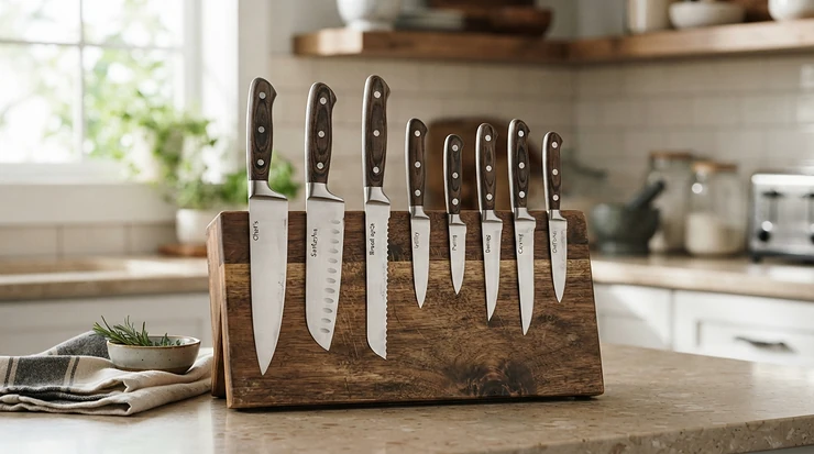 A premium VG-10 steel chef's knife stored securely in a wooden kitchen knife block