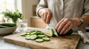 Close-up of an affordable Japanese santoku knife slicing crisp cucumbers on a wooden board in a modern kitchen