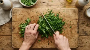 Using an affordable Japanese santoku knife to finely chop fresh green herbs on a rustic oak block