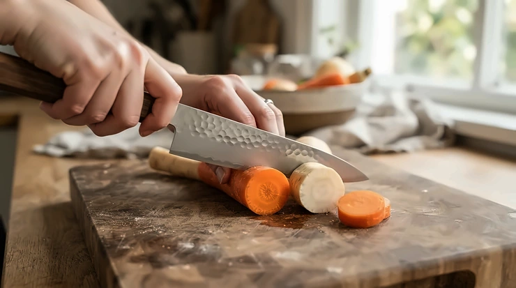 Demonstration of the straight edge profile on an affordable Japanese santoku knife for push cuts