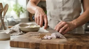 A home cook holding an affordable Japanese santoku knife with a correct pinch grip for meal preparation