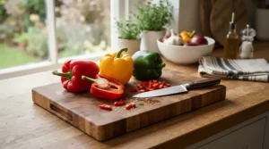 An affordable Japanese santoku knife surrounded by vibrant colourful peppers ready for slicing