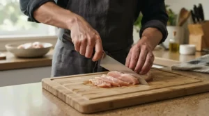 An affordable Japanese santoku knife cleanly slicing boneless chicken breast on a bamboo board