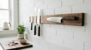 An affordable Japanese santoku knife placed next to a wooden magnetic knife rack in a tidy kitchen