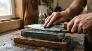 A Japanese chef's knife held at a precise angle while being sharpened on a traditional wet stone.