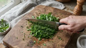 A versatile gyuto Japanese chef's knife expertly mincing fresh green herbs on a dark cutting surface.