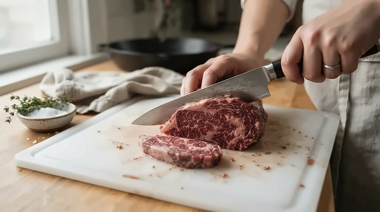 A sharp Japanese chef's knife making a clean, precise cut through a prime cut of raw meat.