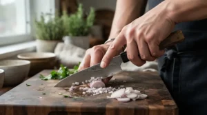 A professional chef demonstrating the correct pinch grip on a traditional wooden handled Japanese chef's knife.