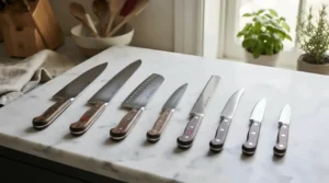 A complete Japanese chef's knife set laid out on a kitchen counter for an in-depth performance evaluation.