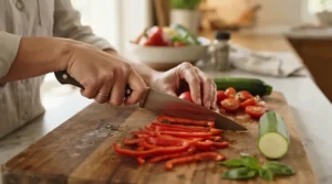 A person using a Japanese nakiri knife to slice root vegetables on a wooden chopping board in a modern kitchen.
