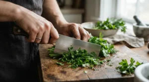Fine mincing of green herbs using the straight edge of a Japanese nakiri knife.