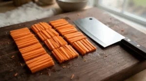 Creating delicate julienne strips of carrots using a well-balanced Japanese nakiri knife.