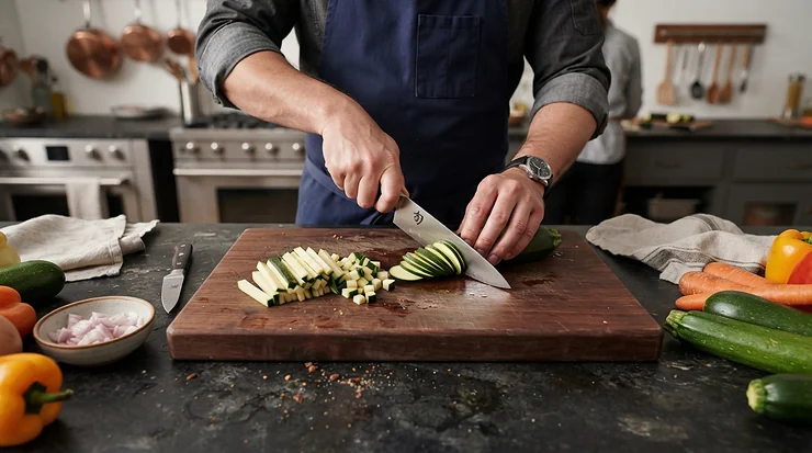 A Japanese nakiri knife shown during a vegetable prep technique demonstration in a cookery school.