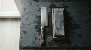 A Japanese nakiri knife resting beside a traditional Japanese knife sharpening stone on a slate countertop.