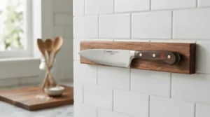 A Japanese nakiri knife securely mounted on a stylish wooden magnetic knife rack on a tiled kitchen wall.