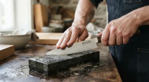 Demonstrating whetstone sharpening for a Japanese nakiri knife with water glistening on the abrasive surface.