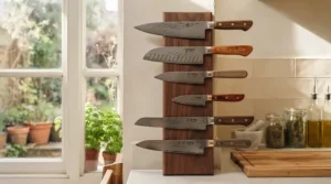 A curated collection of premium Japanese chef's knives neatly presented on a magnetic wooden block.