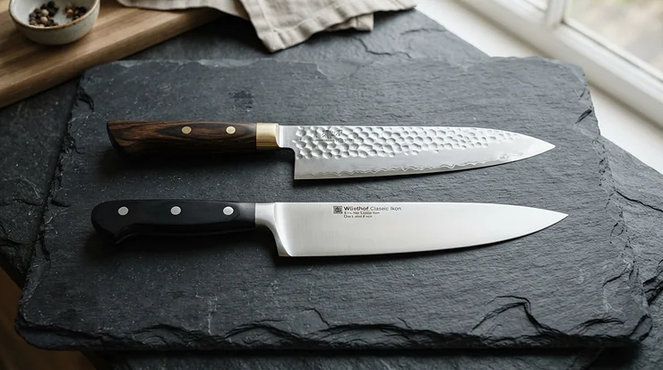 Close-up of a VG-10 steel knife for sushi displayed beside a patterned Damascus blade