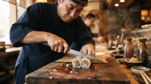 Cutting maki rolls neatly with a VG-10 steel knife for sushi on a bamboo mat