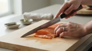 Demonstrating precise sashimi technique with a VG-10 steel knife for sushi on salmon