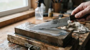 Sharpening a VG-10 steel knife for sushi on a traditional ceramic whetstone
