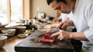 A chef using a sharp VG-10 steel knife for sushi preparation in a modern London kitchen