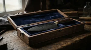 Storing a premium VG-10 steel knife for sushi inside a traditional wooden presentation box